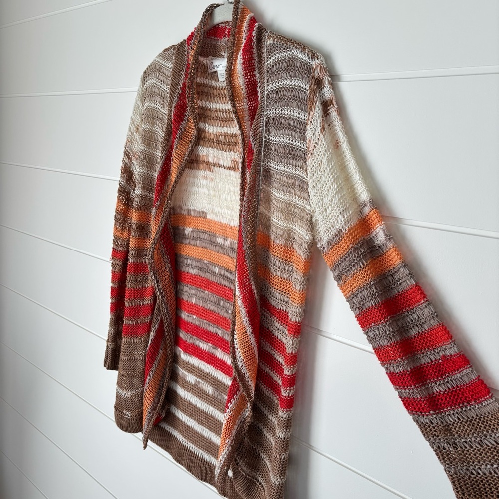 Curio New York Striped Open Front Long Knit Cardigan Sweater Medium - Picture 5 of 14